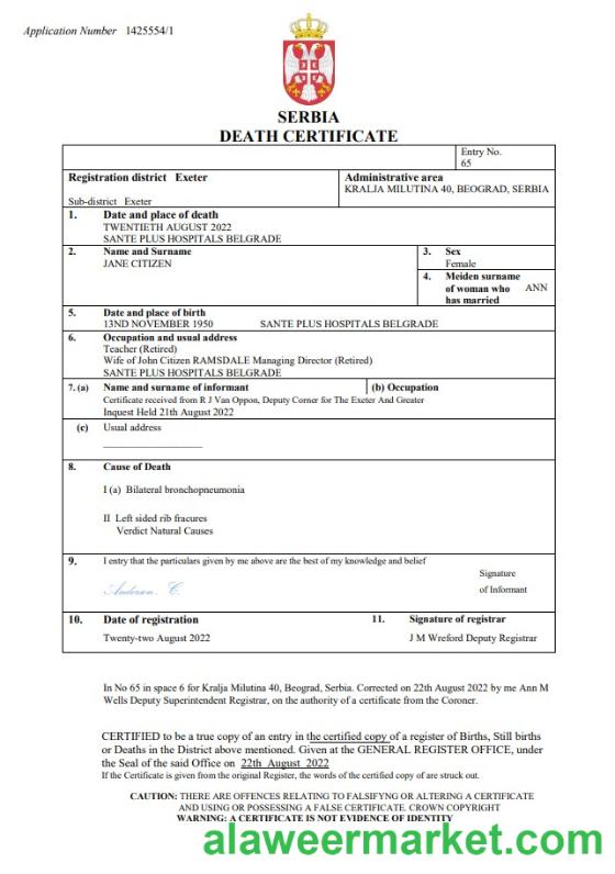 Serbia death certificate Word and PDF template